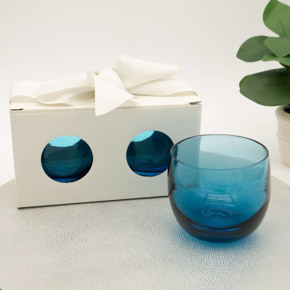 Set of 3 glassybaby blue "Splash" drinkers, two NIB. Third is pre-triskelion